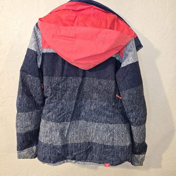 Roxy Jacket Womens Medium Blue Pink Stripe DryFlight 10K Snow Ski Coat Hood $200 - Picture 11 of 16